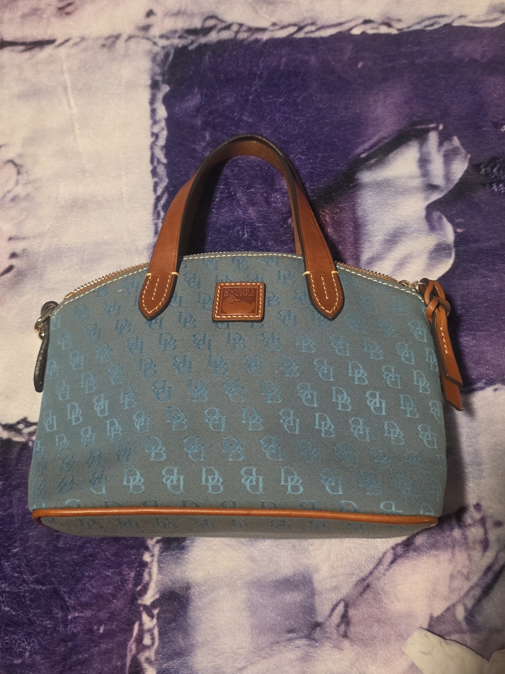 Dooney & Bourke Teal Logo Mini Satchel with Brown Leather Trim